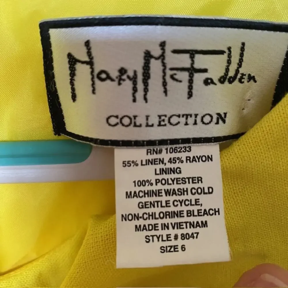 Mary‎ McFadden Collection Linen Blend Dress Sleeveless Yellow Lined Women's 6